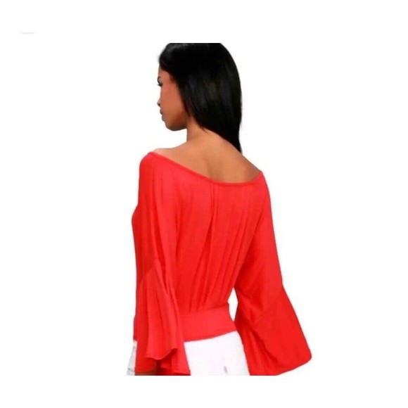 Free People Last Time Red Surplice Bell Sleeve Crop Top Size Large New With Tags - Picture 2 of 6